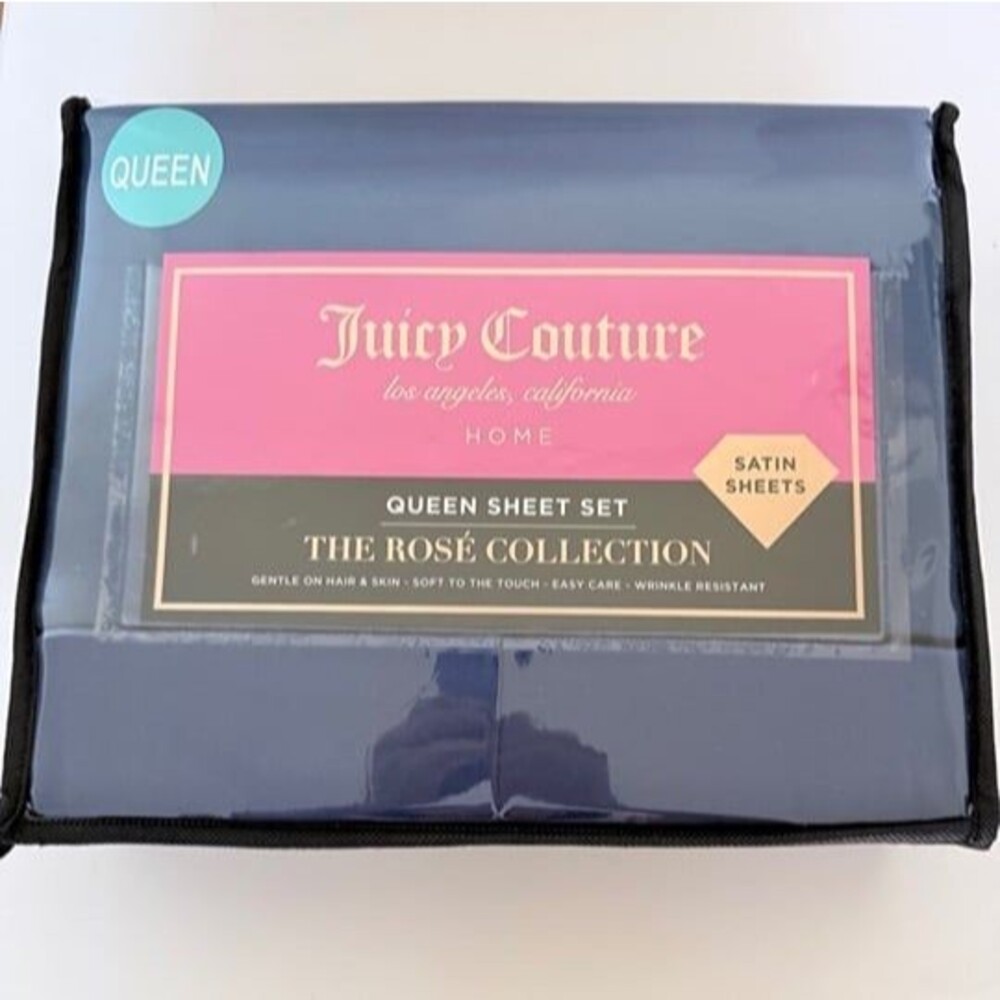 Juicy Couture Queen Satin 4 Piece Sheet Set - The Rosé Collection Blue